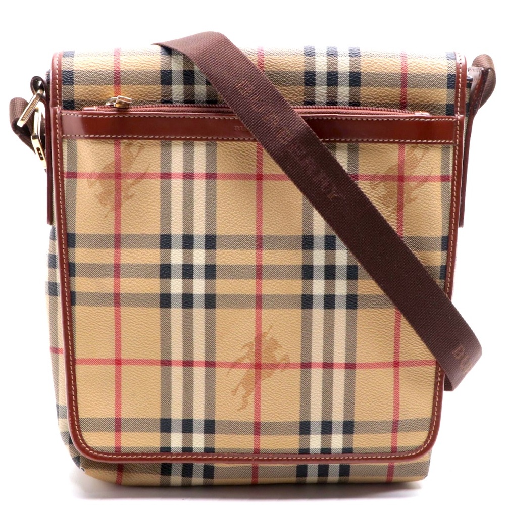 BURBERRY Slim Crossbody Flap|Haymarket Check Coated Canvas|Leather|Authentic